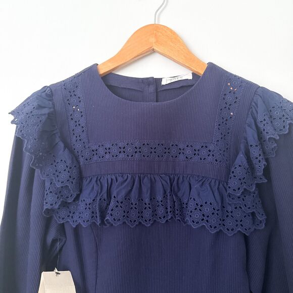 Doen Minore Dress Navy Size S Eyelet Collared Long Sleeve Organic Cotton Cottage - Picture 7 of 13